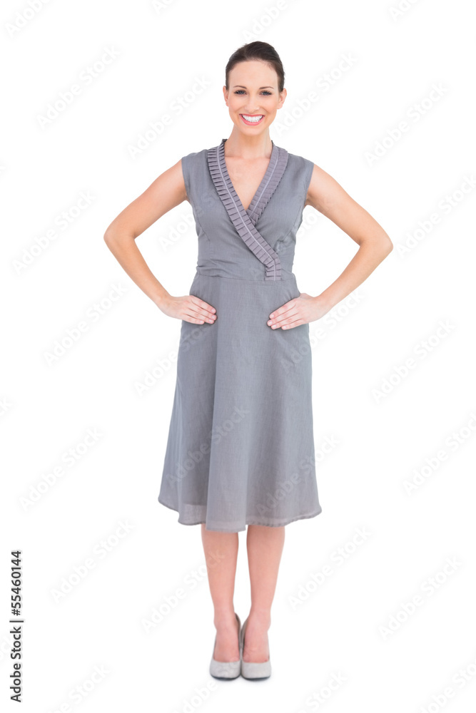 Cheerful elegant brunette in classy dress posing Cheerful elegant brunette in classy dress posing