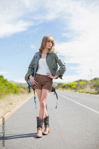 Thoughtful sexy blonde posing while hitchhiking
