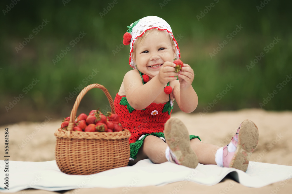 little happy girl with basket full of strawberries little happy girl with basket full of strawberries