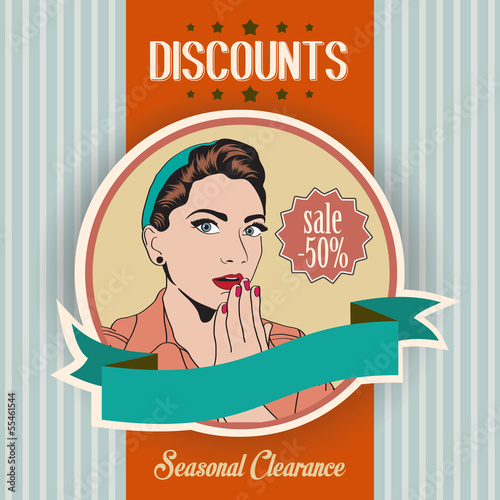retro illustration of a beautiful woman and discounts message