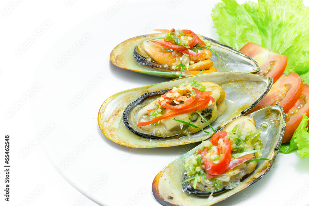 New Zealand green mussels on white plate