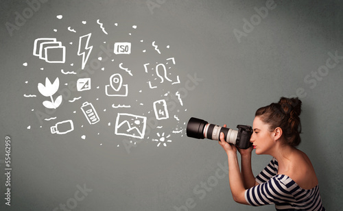 Photographer girl capturing white photography icons and symbols