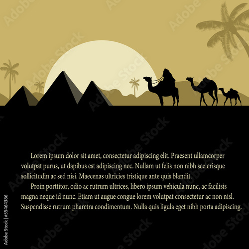 Egyptian pyramids with camels caravan poster