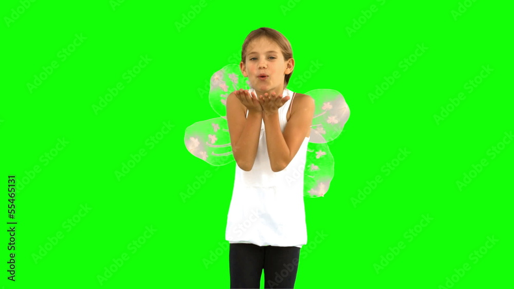 Little girl wearing dragonfly wings on green screen Little girl wearing dragonfly wings on green screen