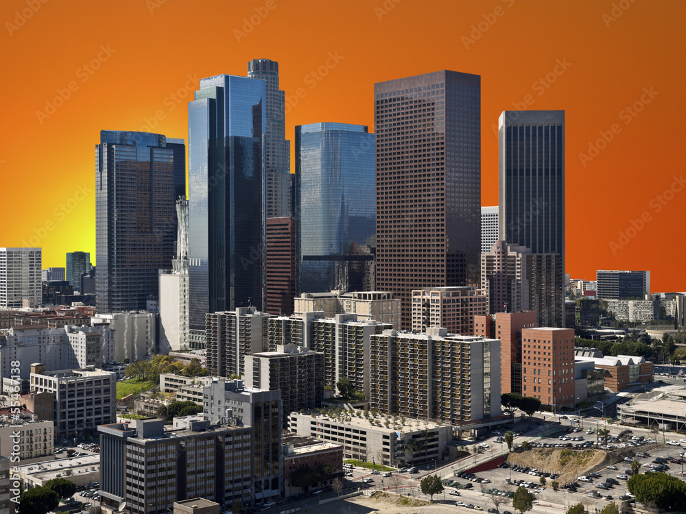 Obraz premium Orange Sunset Sky Los Angeles Downtown