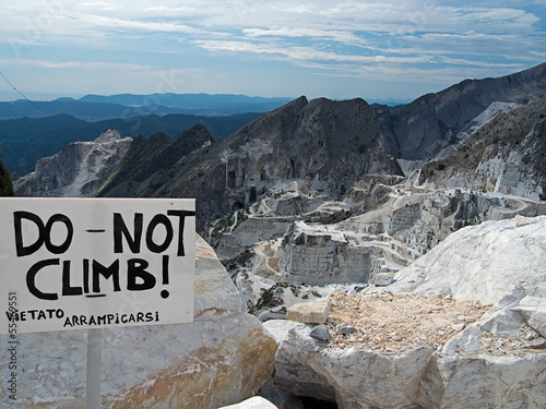 Carrara marble quarries view and sign