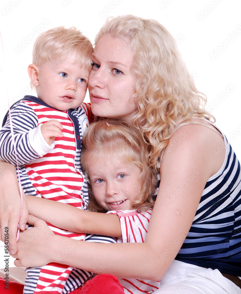 happy mother with two small children on white happy mother with two small children on white