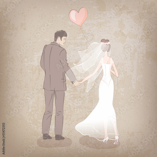 bride and groom with balloon on grungy background