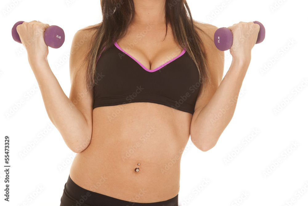 woman fitness black shorts bra close purple weights woman fitness black shorts bra close purple weights