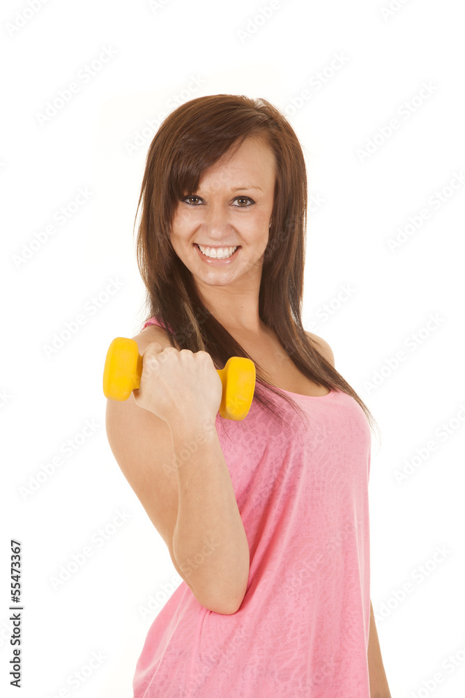 woman fitness pink tank top one yellow weight curl woman fitness pink tank top one yellow weight curl