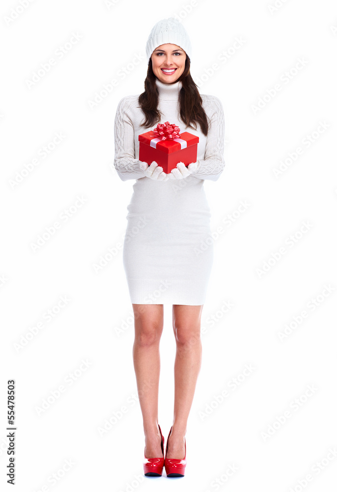 Beautiful young Christmas girl with a present. Beautiful young Christmas girl with a present.