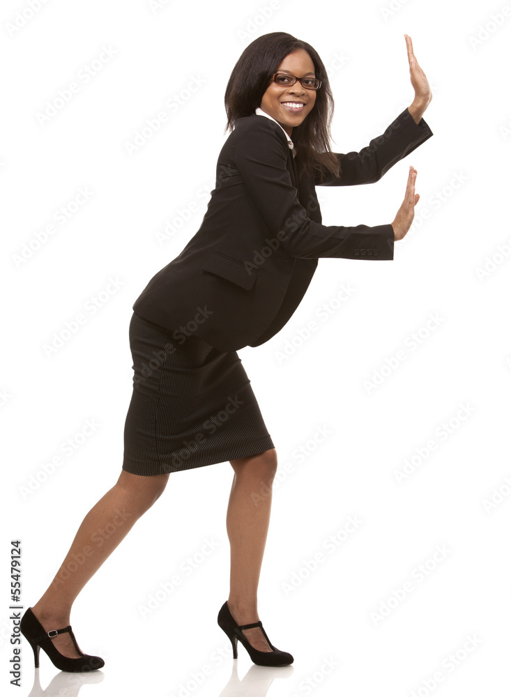 business woman pushing invisible object