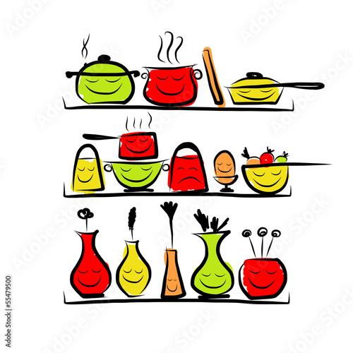 Kitchen utensils characters on shelves, sketch drawing for your