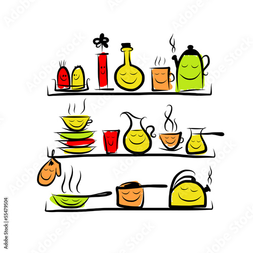 Kitchen utensils characters on shelves, sketch drawing for your