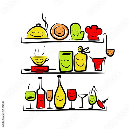Kitchen utensils characters on shelves, sketch drawing for your