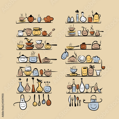 Kitchen utensils characters on shelves  sketch drawing for your