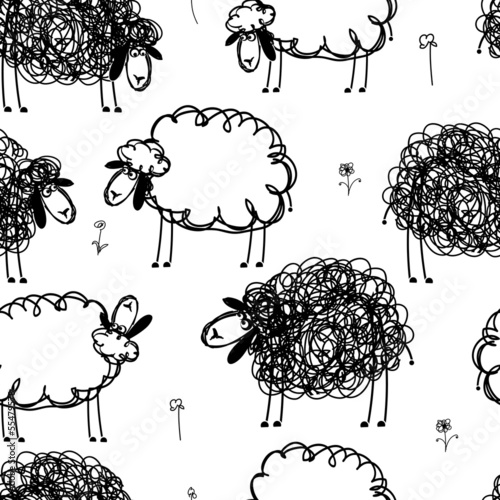 Black and white sheeps on meadow, seamless pattern for your