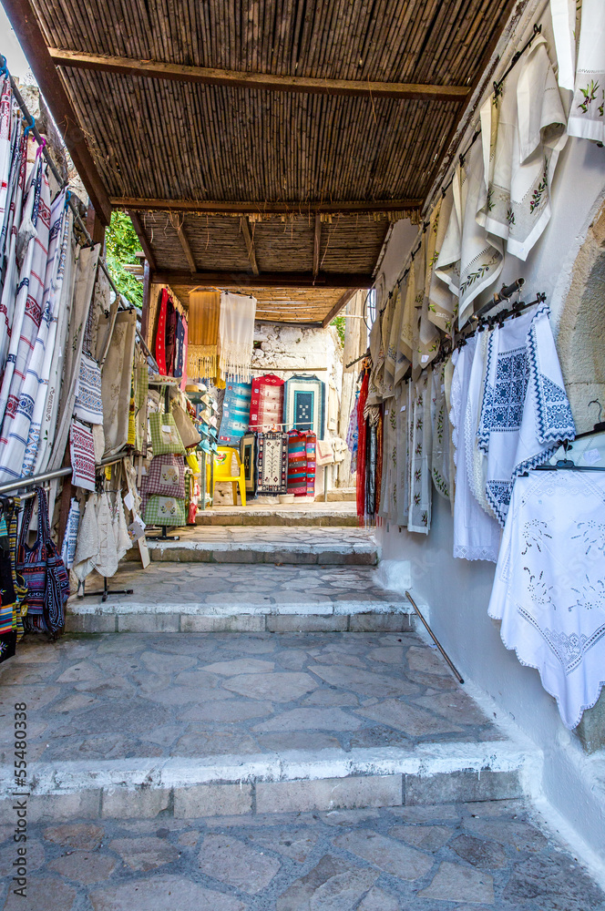 Fototapeta premium Traditional textiles on a market stall in Crete, Greece