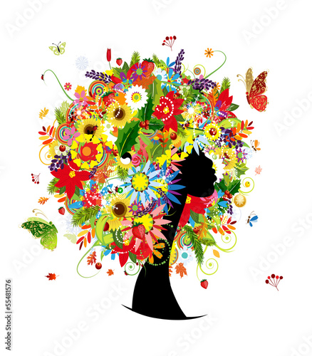 Woman head design, four seasons hairstyle with leaf and flowers
