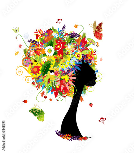 Fototapeta Naklejka Na Ścianę i Meble -  Woman head design, four seasons hairstyle with leaf and flowers