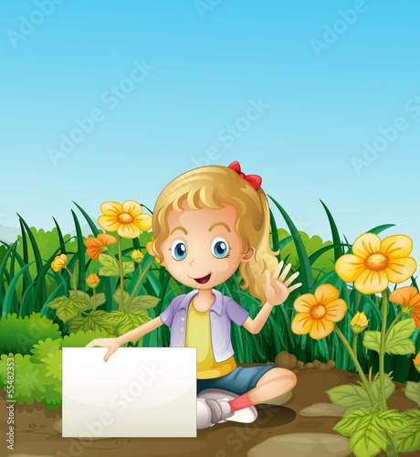 A young girl sitting at the garden with an empty signage