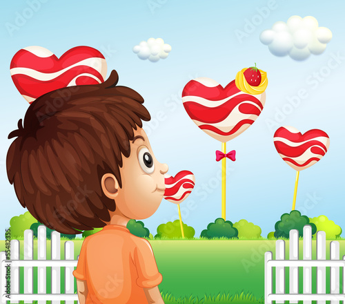 A boy watching the giant lollipops