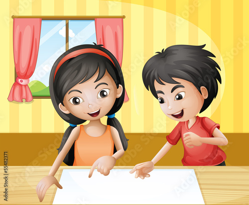 A boy and a girl discussing with an empty signage at the table