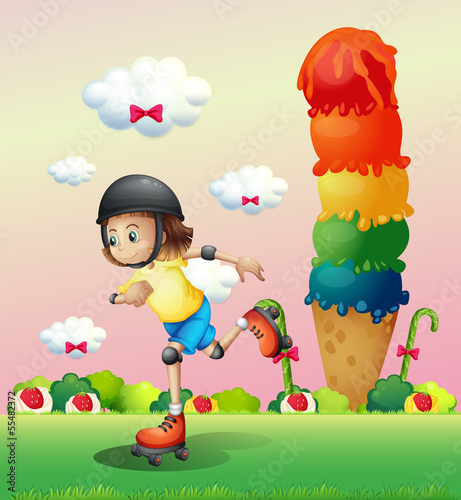 A girl rollerskating at the candyland