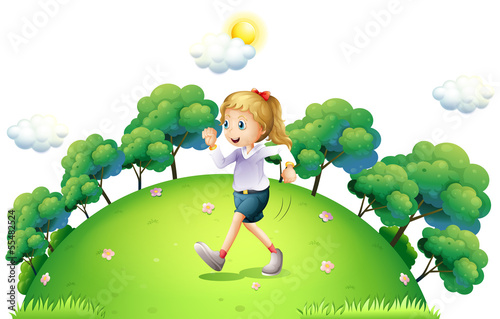 A girl running above the hill