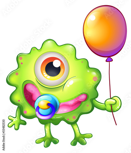 A green monster baby with a balloon