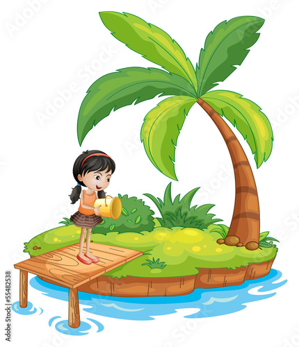 A girl holding a pail above the wooden diving board