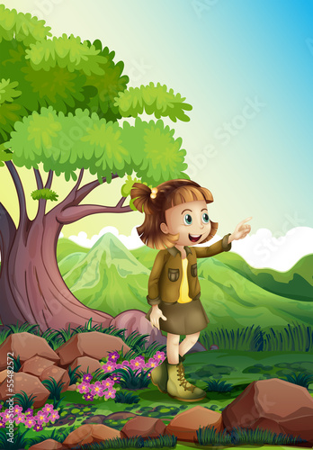 A female explorer at the rocky forest