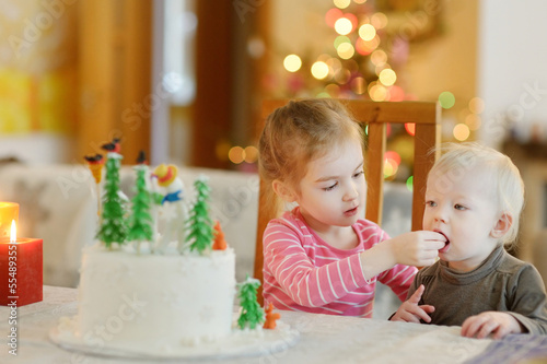 Two little sisters and a Christmas cake photo