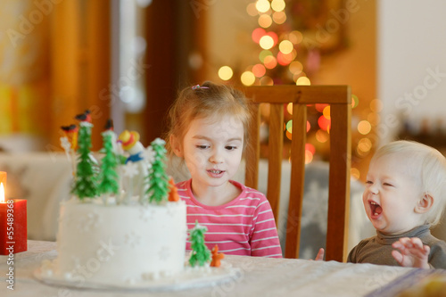 Two little sisters and a Christmas cake photo