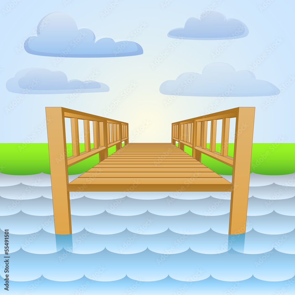 wooden pier over the river with beach and sky vector