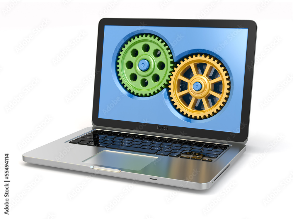 System properties concept. Laptop and gears.