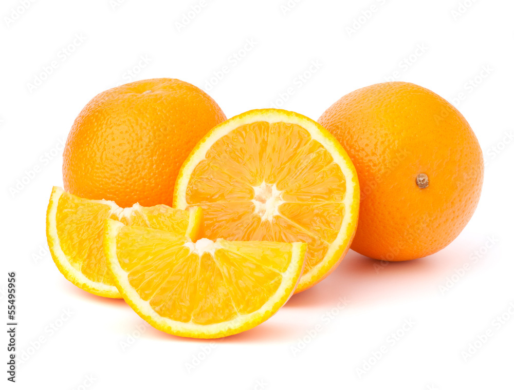 Sliced orange fruit segments isolated on white background Sliced orange fruit segments isolated on white background
