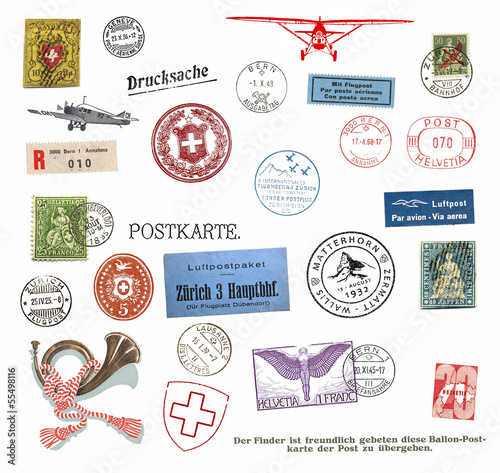 Postage stamps and labels from Switzerland photo