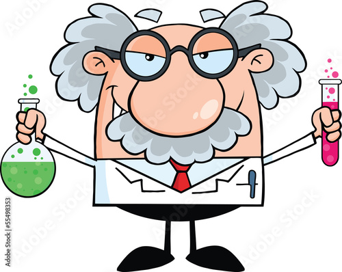 Mad Scientist Holding A Bottle And Flask With Fluids