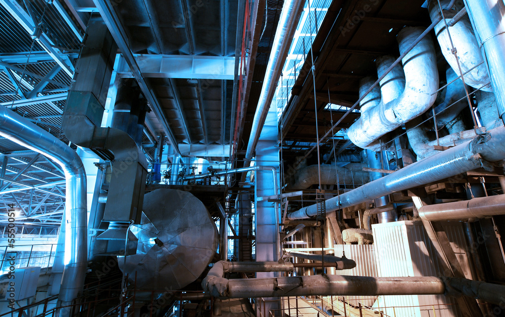 Industrial zone, Steel pipelines and valves in blue tones Industrial zone, Steel pipelines and valves in blue tones