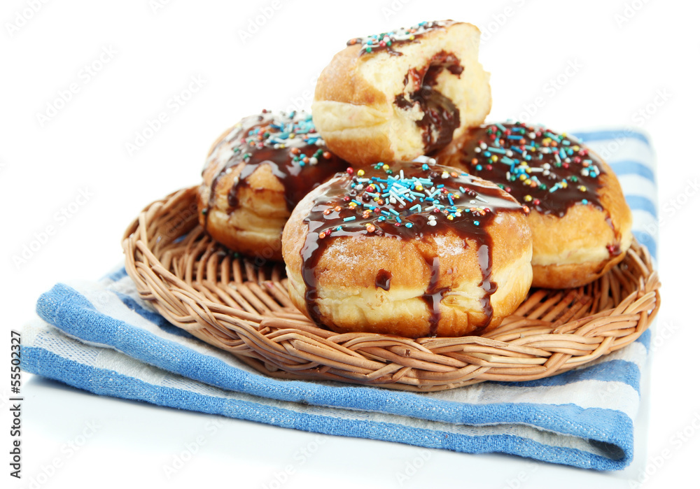 Tasty donuts with chocolate, isolated on white Tasty donuts with chocolate, isolated on white
