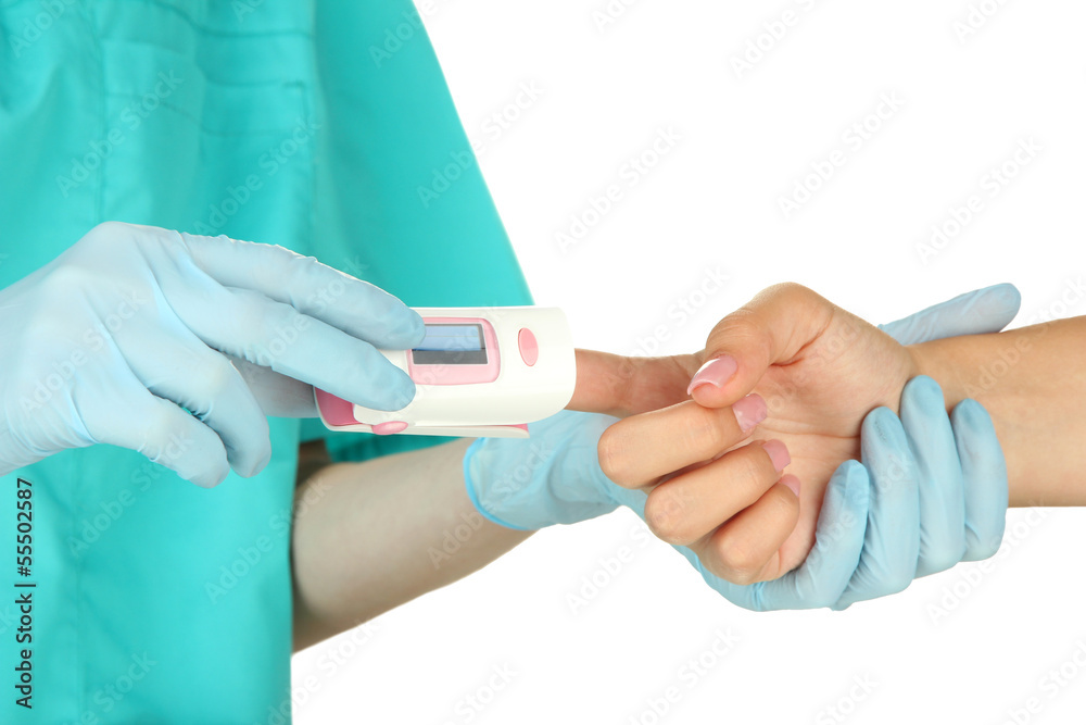 Doctor measuring pulse rate and oxygen levels, isolated on Doctor measuring pulse rate and oxygen levels, isolated on