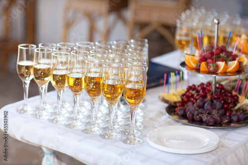 Photography champagne glasses on wedding table, party