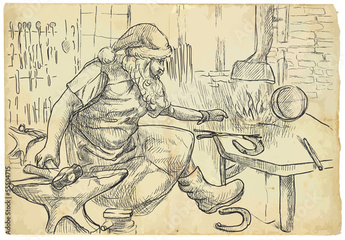 Santa Claus in the smithy manufactures horseshoes