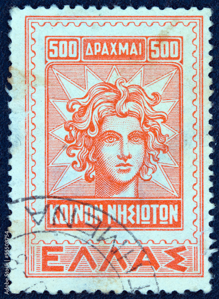 God Apollo Helios from an old Rhodian stamp (Greece 1947)