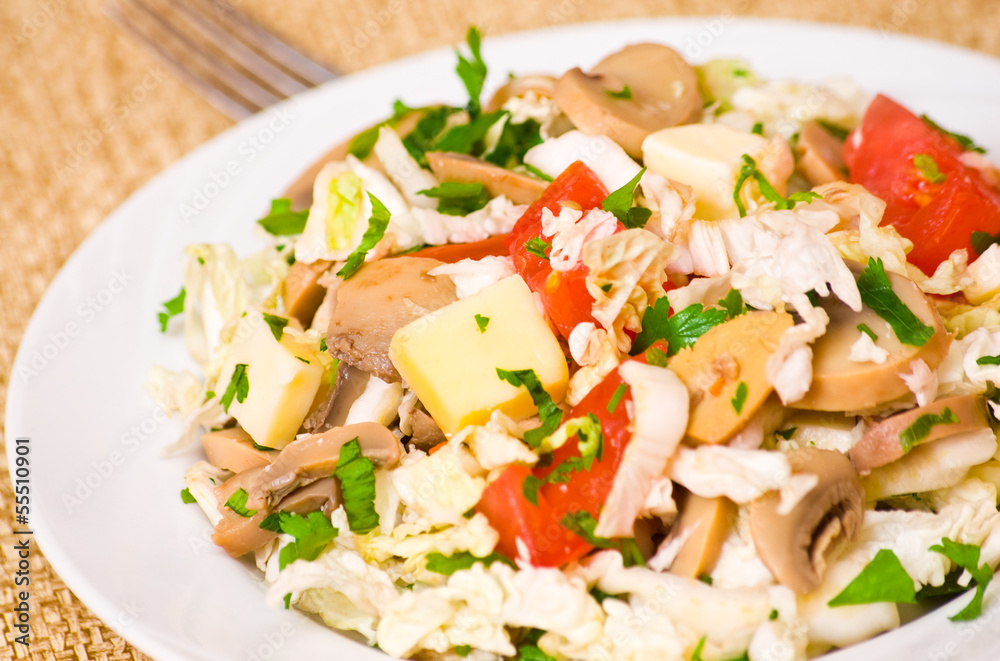salad with chicken, mushrooms, cheese and vegetables salad with chicken, mushrooms, cheese and vegetables