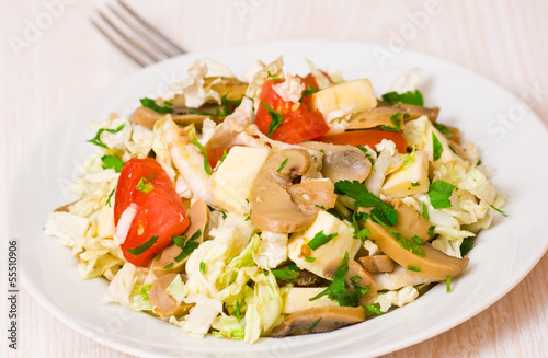 salad with chicken, mushrooms, cheese and vegetables