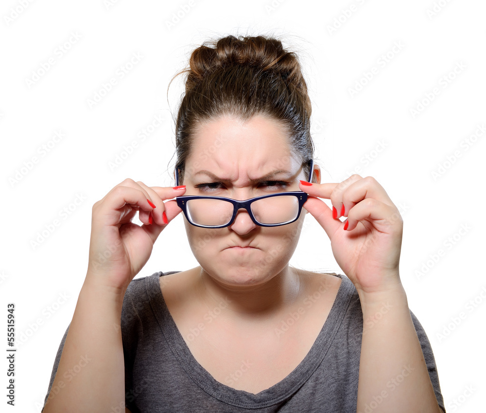 Angry strict woman wears glasses, grimace portrait Angry strict woman wears glasses, grimace portrait