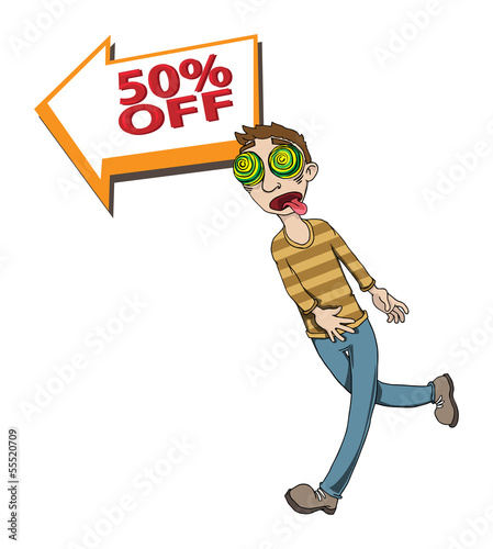 hypnotized man attracted by a big sale, vector illustration