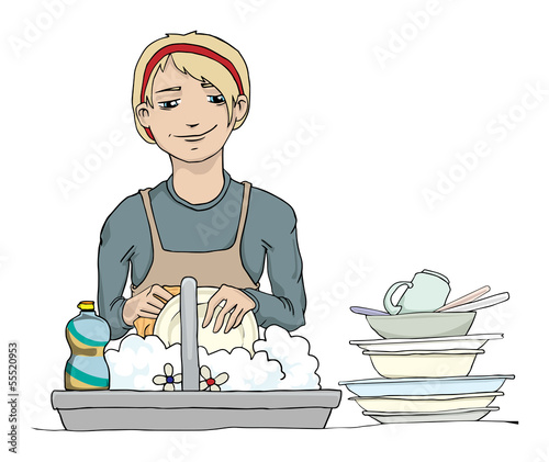Girl washing the dishes, vector illustration